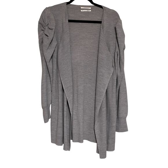 By Anthropologie Ruched Puff Sleeve Rib Knit Open Front Cardigan Sweater Gray XS - Picture 1 of 7